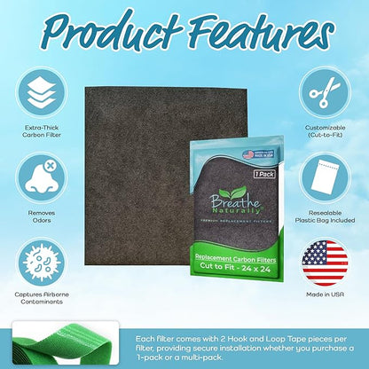 Breathe Naturally Universal Cut To Fit Carbon Activated Air Filter - Replacement Charcoal Filters - Pre Filter Carbon Sheet for Air Purifier, Vent Filters & More - Made in USA (Pack of 1, 24x24)