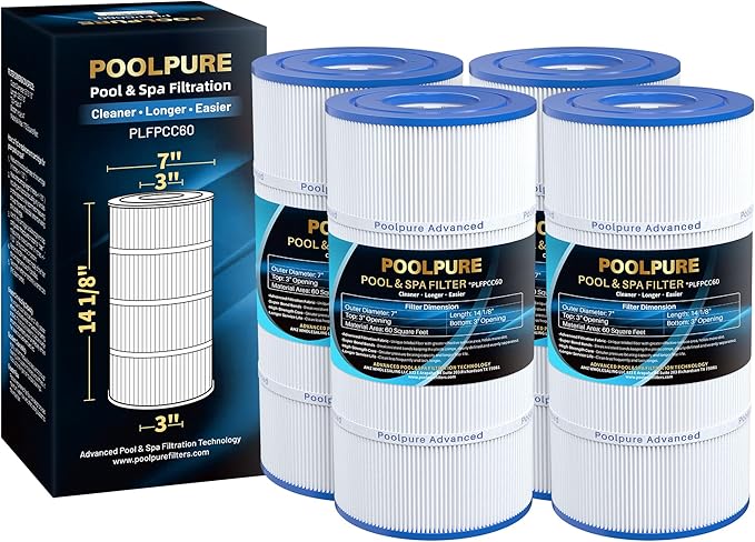 POOLPURE PLFPCC60 Pool Filter Replaces Pentair CCP240, PCC60, Ultral-A4, Unicel C-7469, R173572, 178569, Filbur FC-1975, Clean and Clear Plus 240, L x OD:14 1/8"x7", 4 X 60 sq. ft. Filter Cartridge