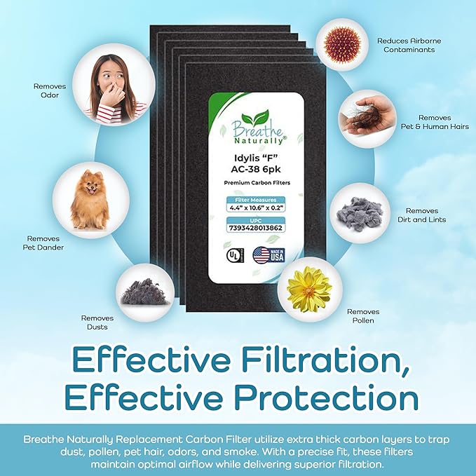 Breathe Naturally - Carbon Filters Compatible with Idylis F AC-38 Series Air Purifiers - Made for Idylis F AC-38/560885 Series - Made in USA - Odor Control for Air Purifiers(6 Pack Carbon Filter)