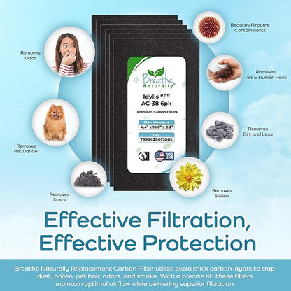 Breathe Naturally - Carbon Filters Compatible with Idylis F AC-38 Series Air Purifiers - Made for Idylis F AC-38/560885 Series - Made in USA - Odor Control for Air Purifiers(6 Pack Carbon Filter)