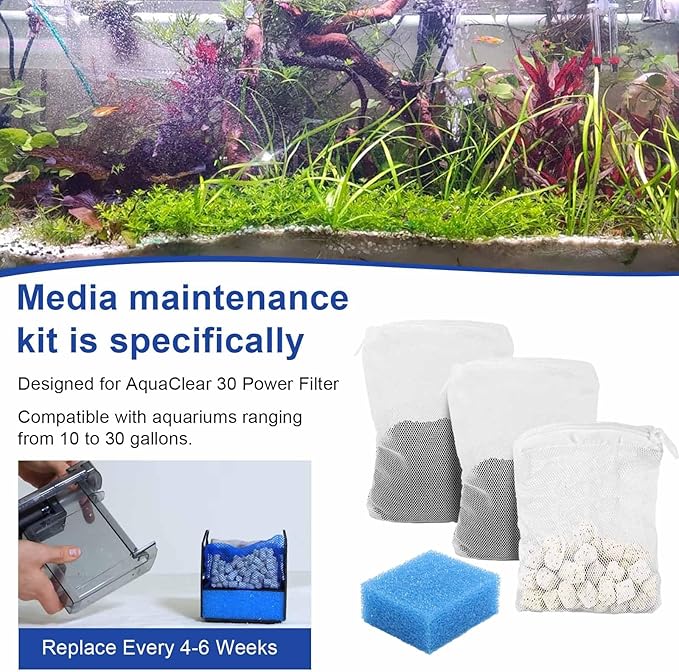 Aquarium Media Maintenance Kit Replacement for Fluval AC30 Power Filter, Three-Stage Filter Media Kit, Includes Replacement Bio Foam, Activated Carbon & Ceramic Rings, for 10-to-30 Gallon Aquariums
