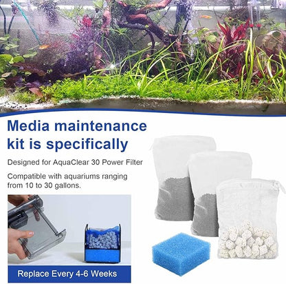 Aquarium Media Maintenance Kit Replacement for Fluval AC30 Power Filter, Three-Stage Filter Media Kit, Includes Replacement Bio Foam, Activated Carbon & Ceramic Rings, for 10-to-30 Gallon Aquariums