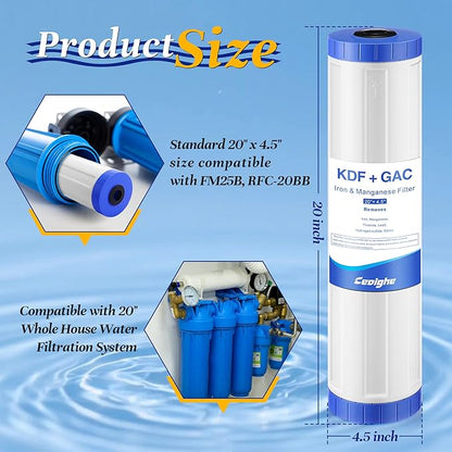 KDF-20BB & GAC Carbon Water Filter, 20'' x 4.5'' Whole House Heavy Duty Radial Flow Filter Replacement Cartridge with Kinetic Degradation Fluxion(KDF) & Granular Activated Carbon (GAC)