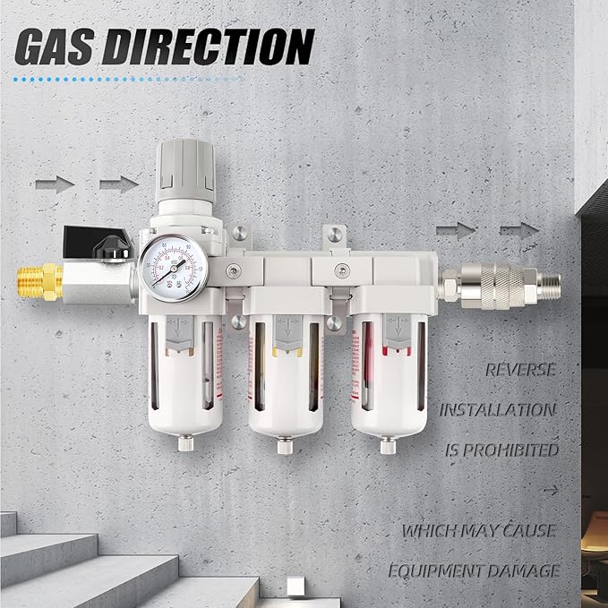 Industrial 1/2" NPT 3 Stage Air Drying System,Coalescing Filter, Particulate Filter and Air Regulator, Manual Drain for Air Tools and Spray Paint Gun