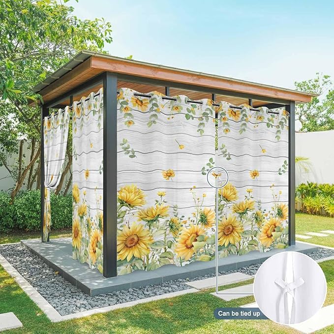 Sunflowers Outdoor Curtains for Patio Summer Floral Eucalyptus Leaf Wood Plank Waterproof Outside Curtains with Grommet Top Weatherproof Curtain for Cabana Pergola Gazebo, 1 Panel, 54" W x 84" L