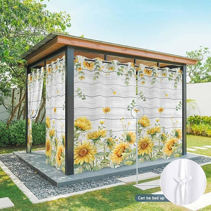 Sunflowers Outdoor Curtains for Patio Summer Floral Eucalyptus Leaf Wood Plank Waterproof Outside Curtains with Grommet Top Weatherproof Curtain for Cabana Pergola Gazebo, 2 Pack, 54" W x 95" L