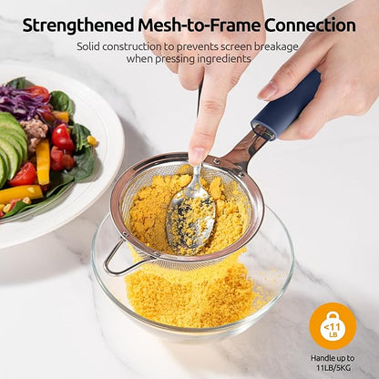 U-Taste Small Fine Mesh Strainer: 18/8 Stainless Steel 3.35in 30 Mesh Kitchen Food Sieve with Sturdy Riveted Silicone Handle, Heavy Duty Deep Handheld Metal Colander for Tea, Juice (Midnight Blue)