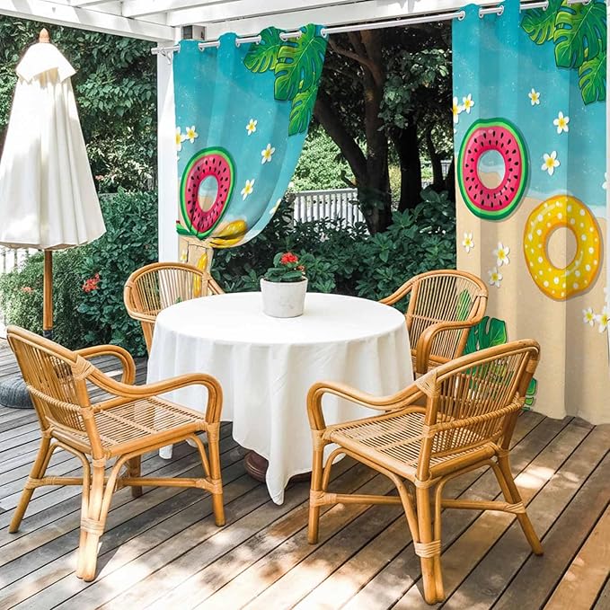 Summer Outdoor Curtains for Patio Plumeria Swimming Circles Ocean Beach Waterproof Outside Curtains with Grommet Top Weatherproof Curtain for Cabana Pergola Gazebo, 2 Pack, 54" W x 108" L