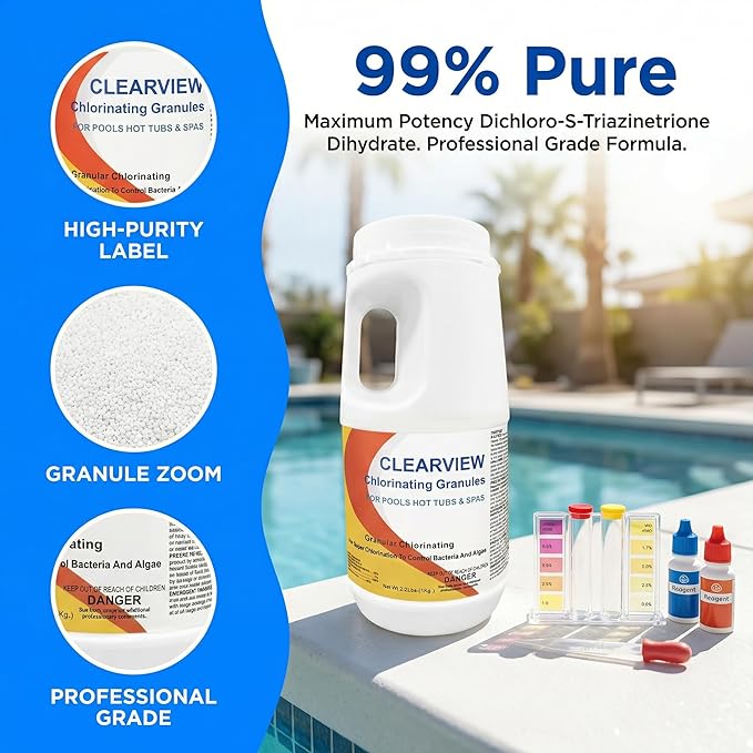 ClearView Chlorine Granules 2.2 Lbs for Swimming Pools, Pool Chlorine Shock Granular Sanitizer for Spas, Fast Dissolving Chlorinating Granules for Hot Tubs