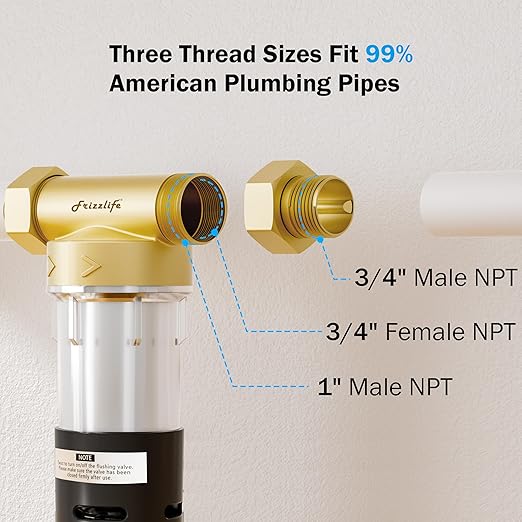 Frizzlife 40&100 Micron Spin Down Sediment Filter with Built-in Scraper, Reusable Whole House Pre-Filter for City/Well Water, Washing Machine, Flushable Filtration, 1"&3/4" NPT, BPA Free, JB40-100