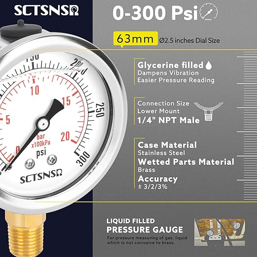 2-1/2" Dial Size, 0-300 Psi Pressure Gauge, Glycerin Liquid Filled, 1/4" NPT Lower Mount, Stainless Steel Case, for Regulator, Air Compressor, Water System, HVAC, Hydraulic, Pressure Test