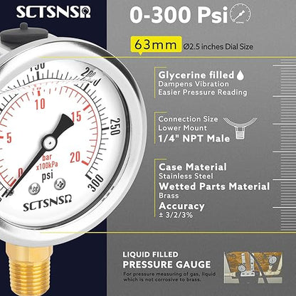 2-1/2" Dial Size, 0-300 Psi Pressure Gauge, Glycerin Liquid Filled, 1/4" NPT Lower Mount, Stainless Steel Case, for Regulator, Air Compressor, Water System, HVAC, Hydraulic, Pressure Test