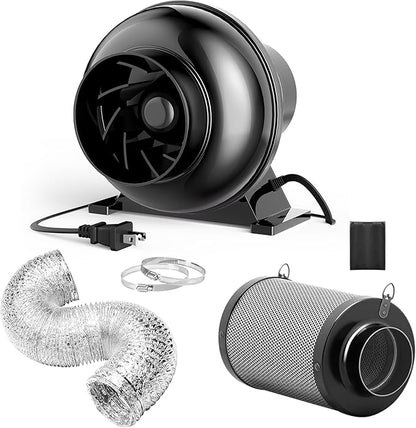 InfiniPower 4 Inch 230 CFM Inline Ventilation Fan, 4" Black Air Carbon Filter and 4 Inch 8 Feet Aluminum Ducting, Combo for Grow Tent, Greenhouse, Kitchen, Attic, Black