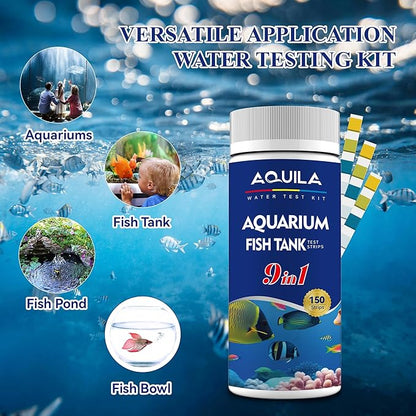 Aquarium Water Test Kit 9-in-1, Aquarium Ammonia Test Strips for Fish Tanks and Ponds, 150 Strips Testing pH Total Alkalinity Hardness Chlorine Nitrite Sulfate Copper Iron for Fresh and Salt Water