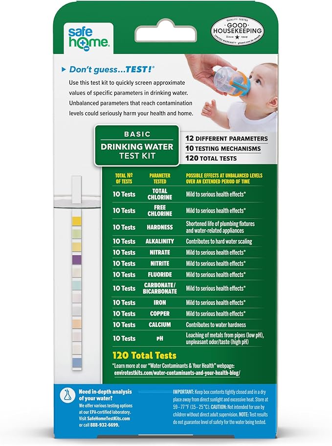 Safe Home® 12-in-1 Drinking Water Test Kit – DIY Testing for Hardness, Copper, Nitrate, Fluoride, Iron, and More – City Taps or Well Water – 10-Strips Issue a Total of 120 Tests/Kit