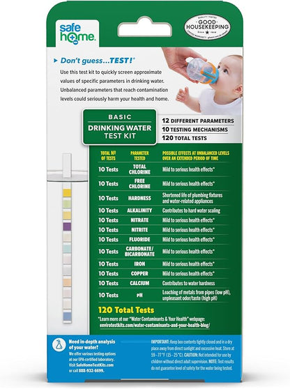 Safe Home® 12-in-1 Drinking Water Test Kit – DIY Testing for Hardness, Copper, Nitrate, Fluoride, Iron, and More – City Taps or Well Water – 10-Strips Issue a Total of 120 Tests/Kit