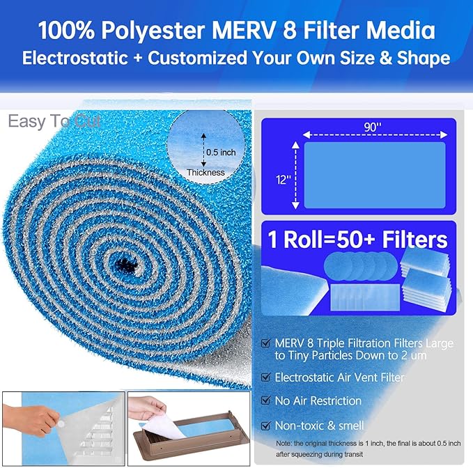 12x90 inches Air Vent Filters, Cut to Size(50+Filters) MERV 8 Electrostatic Floor Vent Filter for Floor Registers, RV, AC, Ceiling, Grilles and Wall HVAC Furnace Vents, 48PCs Adhesive Hook
