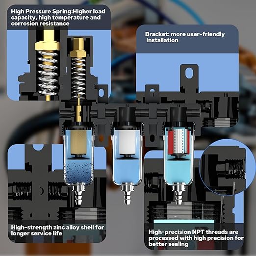 NEWPO 1/4" NPT Air Drying System,Air Filter Pressure Regulator for Spray Guns and Pnuematic Tools, Air Dryer for Compressor, 5＆0.5&0.01 Micron Filter Cartridge,Semi-Auto Drain (Black)