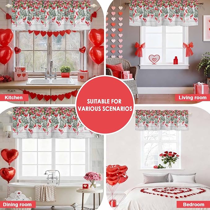 Poinsettia Berry Valance Curtains for Kitchen, Red Floral Winter Plants Vintage Wood Grain Privacy Rod Pocket Valance Curtain, Light-Filtering Window Treatment for Bedroom Bathroom, 54"x18"
