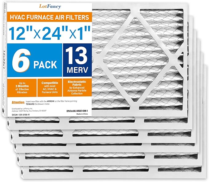 LotFancy 12x24x1 Air Filter MERV 13 6-Pack, Electrostatic Pleated HVAC Furnace Air Filter, Captures Pet Dander Smog Smoke, Actual Size: 11.75"x23.75"x0.75"