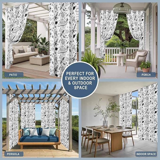 Cartoon Space Outdoor Curtains for Patio Rockets Astronauts Planets Black Waterproof Outside Curtains with Grommet Top Weatherproof Curtain for Cabana Pergola Gazebo, 2 Pack, 54" W x 95" L
