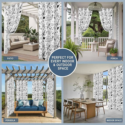 Cartoon Space Outdoor Curtains for Patio Rockets Astronauts Planets Black Waterproof Outside Curtains with Grommet Top Weatherproof Curtain for Cabana Pergola Gazebo, 2 Pack, 54" W x 84" L