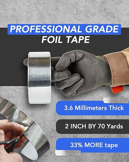 TapePlus Aluminum Foil Tape - Waterproof Insulation for HVAC Ducts - Heat Resistant Tape for Metal Repair - Duct Seal for Indoor & Outdoor Use - Pack of 2, 2 in x 210 ft, Silver