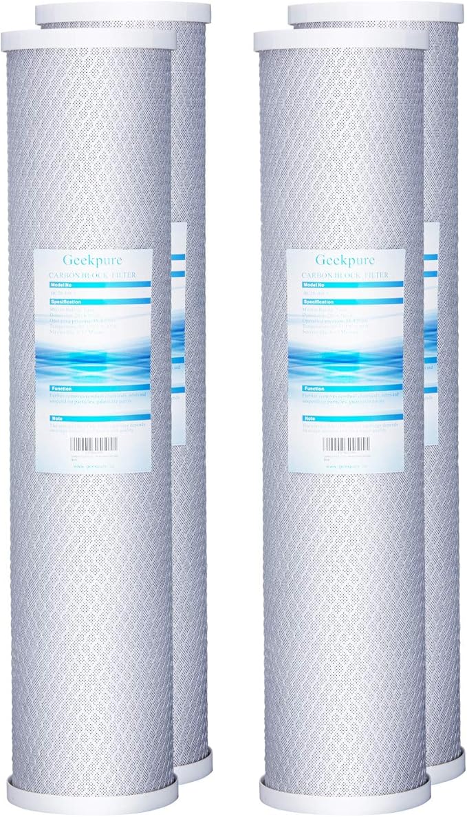 Geekpure 20 Inch Carbon Block Water Filter Reduce Chlorine Taste Odors for Whole House Filtration- 4.5 Inch x 20 Inch -5 Micron-Pack of 4