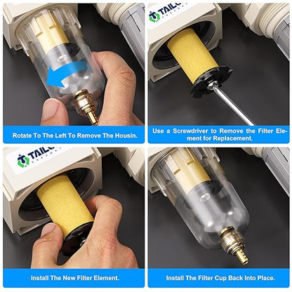 TAILONZ PNEUMATIC 1/4 Inch NPT Air Filter Pressure Regulator Combo Piggyback, 5 Micron Brass Element Air Tool Compressor Filter with Gauge AW2000-02