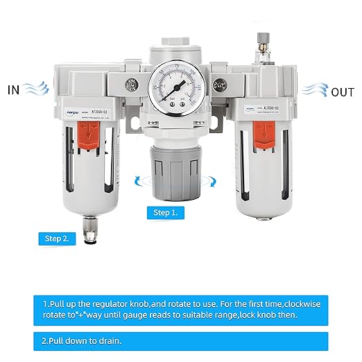 NANPU 3/8" NPT Air Filter, Regulator & Lubricator (FRL) Combo - Water/Oil Trap Separator - Pressure Gauge(0-150 psi), 5 Micron Brass Element, Semi-Auto Drain, Poly Bowl, Metal Bracket