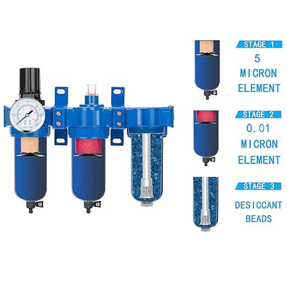 NANPU Zinc Alloy 3 Stage Air System - Particulate Filter, Coalescing Filter, Desiccant Dryer & Air Regulator, Poly Bowl, Manual Drain, Mid Flow, Suitable for Paint Spray & Plasma Cutter (3/8" NPT)