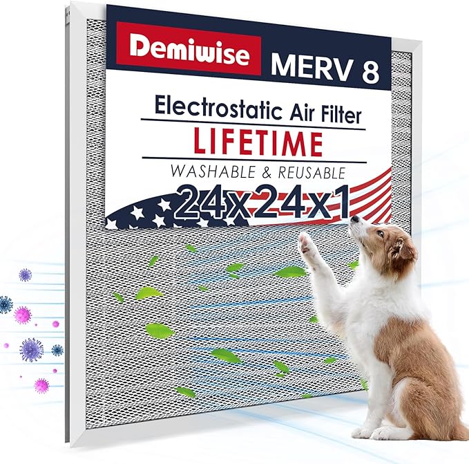 24x24x1 Electrostatic Air Filter, Washable & Reusable Aluminum AC/HVAC Furnace Filter, MERV 8 Permanent Air Filter, Lasts a Lifetime, Increases Airflow（Actual Size:23.39"x23.39"x0.82"）