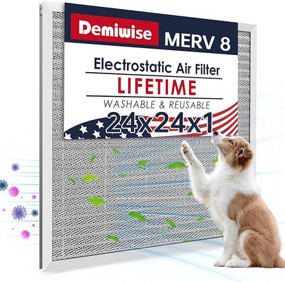 24x24x1 Electrostatic Air Filter, Washable & Reusable Aluminum AC/HVAC Furnace Filter, MERV 8 Permanent Air Filter, Lasts a Lifetime, Increases Airflow（Actual Size:23.39"x23.39"x0.82"）