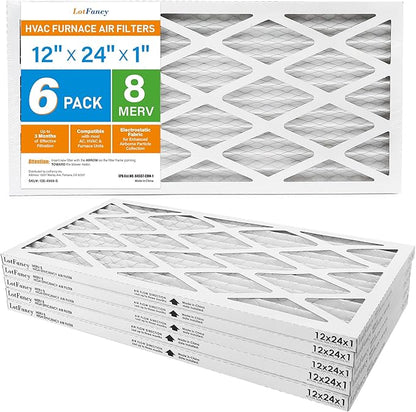 LotFancy 12x24x1 Air Filter MERV 8 6-Pack, Electrostatic Pleated Furnace & AC Filter, Captures Dust, Pet Hair, Pollen, Actual Size: 11.75"x23.75"x0.75"