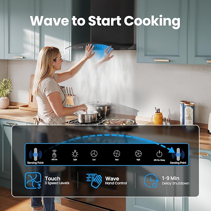 Black 30 inch Wall Mounted Range Hood Glass 900 CFM, Stainless Steel Kitchen Hood Vent with Gesture/Touch Controls, 3-Speed Exhaust Fan and Stainless Steel Baffle Filter, 2 LED Lights