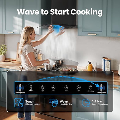 Black 30 inch Wall Mounted Range Hood Glass 900 CFM, Stainless Steel Kitchen Hood Vent with Gesture/Touch Controls, 3-Speed Exhaust Fan and Stainless Steel Baffle Filter, 2 LED Lights