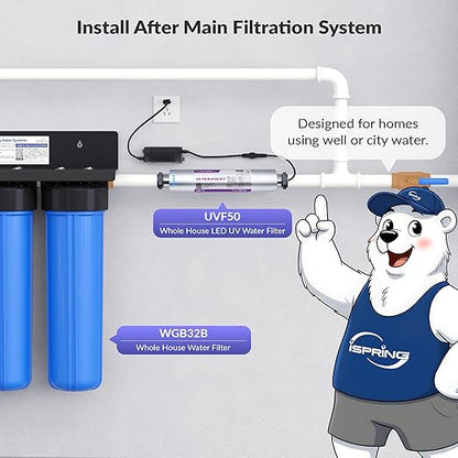 iSpring UVF50 LED UV Water Filter System, Whole House Ultraviolet Water Purifier Filter, Long-Life LED Design, Built-in Smart Flow Sensor Switch, Mercury-Free, Up to 13.2 GPM