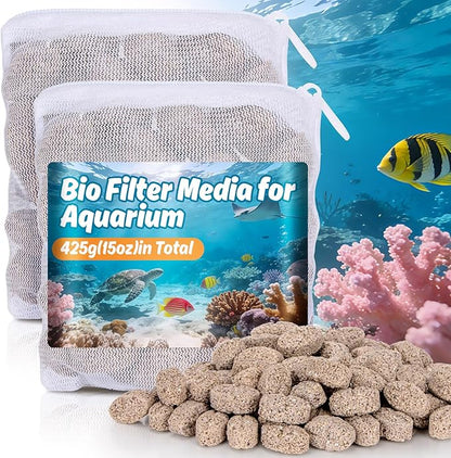 Sukh Biological Filter Media for Aquarium - 425g Original Ore Olive Shape Filter Media with 2 Mesh Bags,Promotes Rapid Cycling in Canister Filter, Sump & Pond