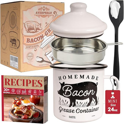 Bacon Grease Container with Strainer - With Food-Grade Silicone Spatula, 24oz Enamel Rustic Farmhouse Fat Container, Keeper, Recipes, Dishwasher Safe