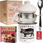 Bacon Grease Container with Strainer - With Food-Grade Silicone Spatula, 24oz Enamel Rustic Farmhouse Fat Container, Keeper, Recipes, Dishwasher Safe
