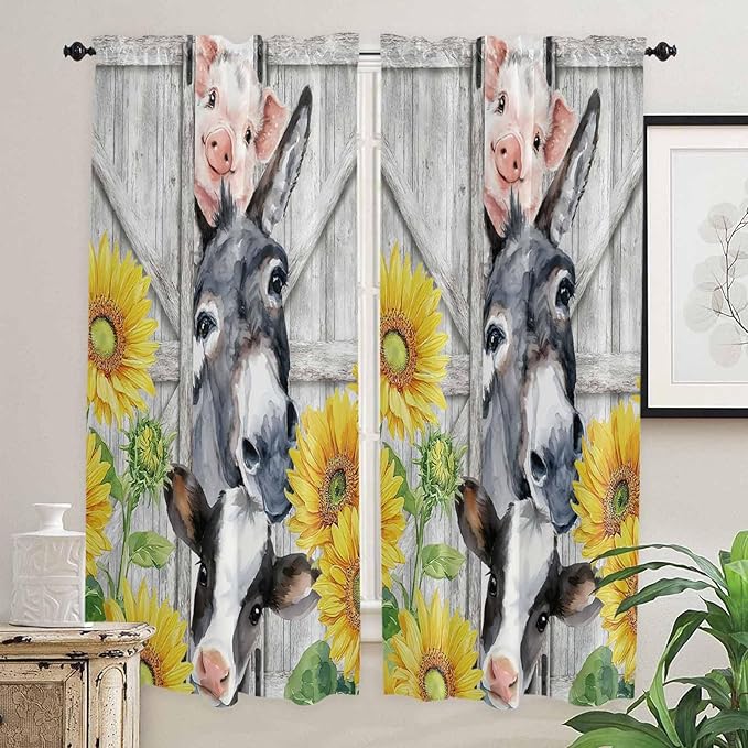 Farmhouse Living Room Curtains 72 Inches length, Watercolor Sunflowers Animals Printed Wood Grain Window Treatment Curtain Drapes, Light Filtering Drapes for Bedroom Laundry Room, 52"x72", 2 Panels