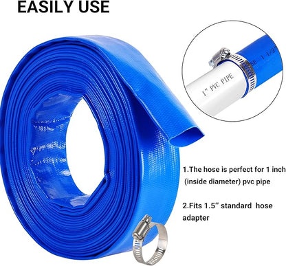 1-1/2" (Flat 2.6’’ width) x 50 FT Pool Backwash Hose, Blue Heavy Duty Reinforced PVC Lay Flat Water Discharge Hose for Swimming Pool Filter Pump,with 2 Clamp