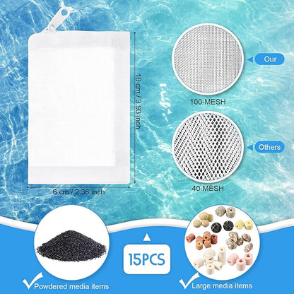 Geiserailie 15 Pieces Aquarium Filter Media Bags 150 Micrometer Fine Filter Bags Mesh Reusable with Zipper for Activated Carbon Resins(2.4 x 4 Inch)