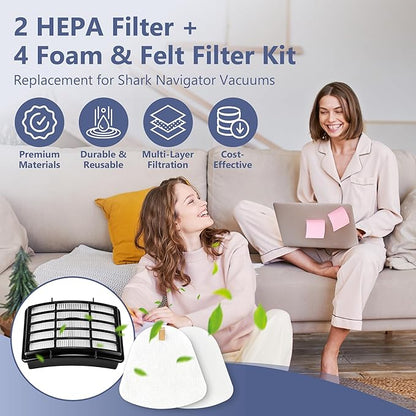 2 HEPA + 4 Foam & Felt Filters Compatible with Shark Navigator Lift-Away Deluex NV350, NV351, NV352, NV355, NV356E, NV357, NV360, NV370, NV391, UV440, UV490, UV540, Part # XFF350 & XHF350