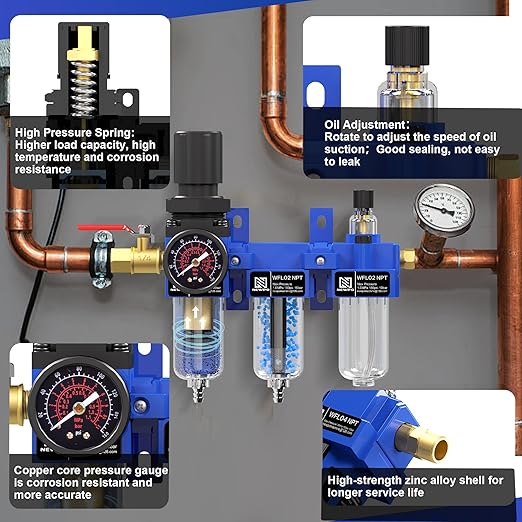 NEWPO 1/4" NPT Compressed Air Filter Regulator Lubricator Combo, Water/Oil Trap Separator,Brass Filter & Desiccant Dryers,Semi-Auto Drain,Metal Bracket-Blue