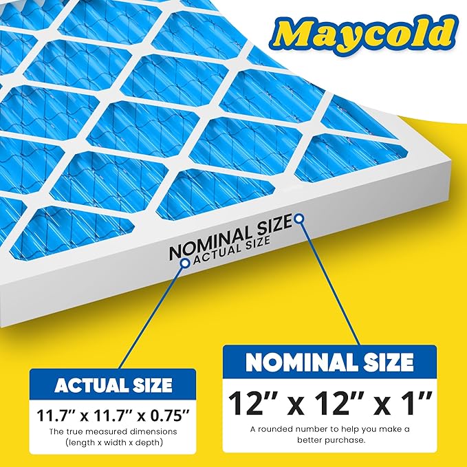 Maycold 12x12x1 MERV 11 Furnace Air Filter (6-Pack), High-Performance HVAC AC Filters for Home Use, Actual Size: 11.70” x 11.70” x 0.75”, Individually Wrapped in Plastic