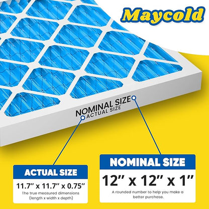 Maycold 12x12x1 MERV 11 Furnace Air Filter (6-Pack), High-Performance HVAC AC Filters for Home Use, Actual Size: 11.70” x 11.70” x 0.75”, Individually Wrapped in Plastic