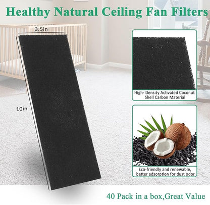 40 Pcs Ceiling Fan Filters for Blades, Fan Air Purifier Pads with Activated Coconut Shell Carbon, Universal Easy Stick Ceiling Fans Filter Fit for Common Household Office Contaminants