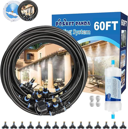 Misters for Outside Patio, Outdoor Water Misting Cooling System w Filter, 60FT|18M. Backyard Mist Kit for Garden, Greenhouse, Fan,Deck,Umbrella,Canopy,Pool,Porch,Trampoline,Park,BBQ Party Accessories