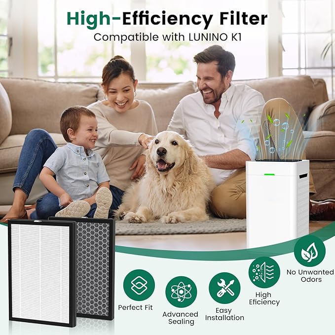 K1 Replacement Air Filter Fit for LUNINO K1 Air Puri-Fier,3-in-1 High-Efficiency H13 True HEPA and Activated Carbon Filter, Double-Sided Activated Carbon and Pre-Filter for Home Large Room,2 Pack